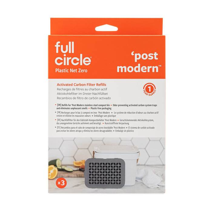 A box of Full Circle post modern Plastic Net Zero activated carbon filter refills, showing product details and an image of the filter on a kitchen counter with fruit in the background.