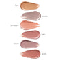 Five swatches of creamy makeup shades labeled from top to bottom as flare, strobe, sunbeam, halo, blaze, and spark, each in varying tones of beige, pink, and mauve on a white background.