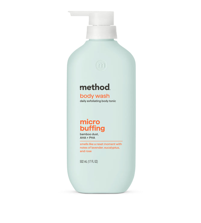 A light blue, cruelty-free method Micro Buffing Body Wash (502 ml) with a pump dispenser features micro buffing bamboo exfoliant, AHA + PHA, and scents of lavender, eucalyptus, and stone.