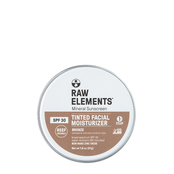 A round tin of Raw Elements Mineral Sunscreen Tinted Facial Moisturizer SPF 30, labeled as reef friendly, bronze, non-nano zinc oxide, and water resistant. The tin is white with brown and black text.