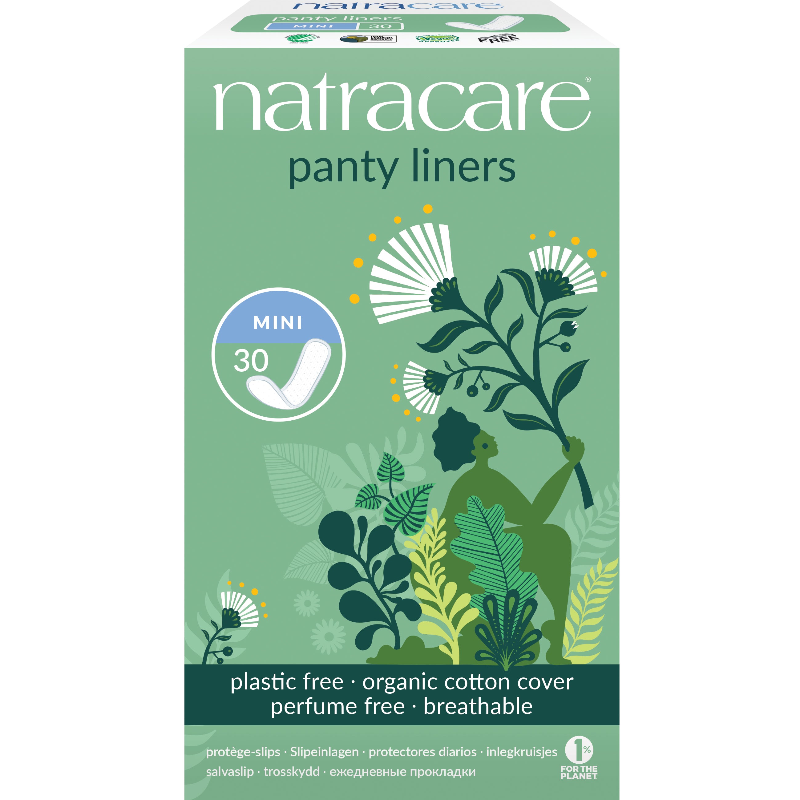 Natracares Panty Liner Mini is packaged in a green, floral-themed box, highlighting its plastic-free, organic cotton cover, perfume-free, and breathable features. It contains 30 eco-friendly liners.