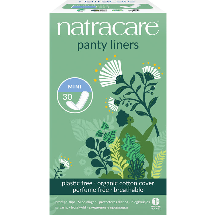 Natracares Panty Liner Mini is packaged in a green, floral-themed box, highlighting its plastic-free, organic cotton cover, perfume-free, and breathable features. It contains 30 eco-friendly liners.