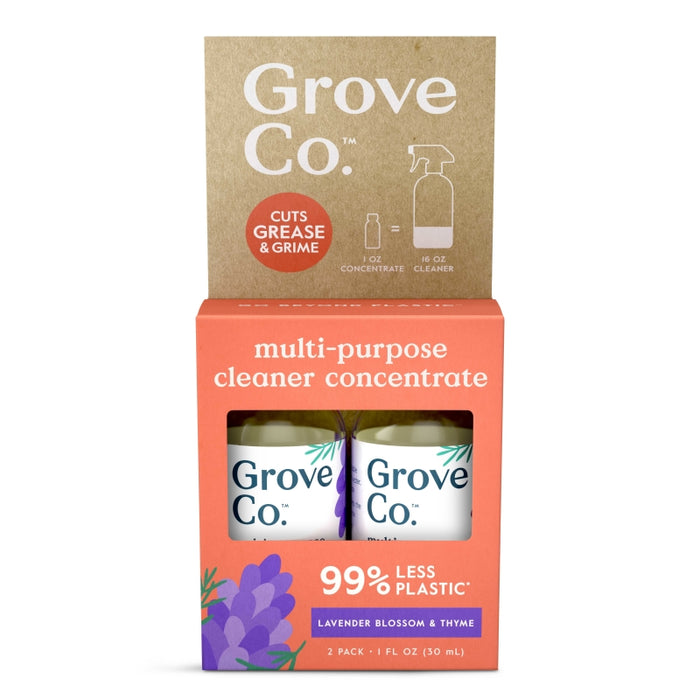 Grove Co. multi-purpose cleaner concentrate packaging with two 1 fl oz bottles, labeled Lavender Blossom & Thyme. The box highlights 99% less plastic and cuts grease & grime.