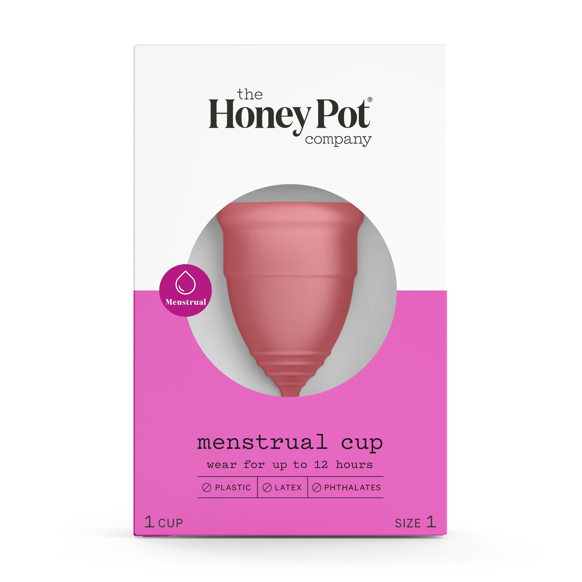 Image of The Honeypot Companys Silicone Menstrual Cup in packaging: a white and pink box with a clear window. Its made of medical-grade silicone, free from plastic, latex, and phthalates, offering a sustainable alternative for up to 12 hours of wear.