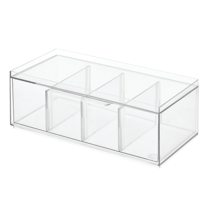 A clear acrylic storage box with three compartments and a hinged lid, designed for organizing small items. The box is empty and shown on a white background.