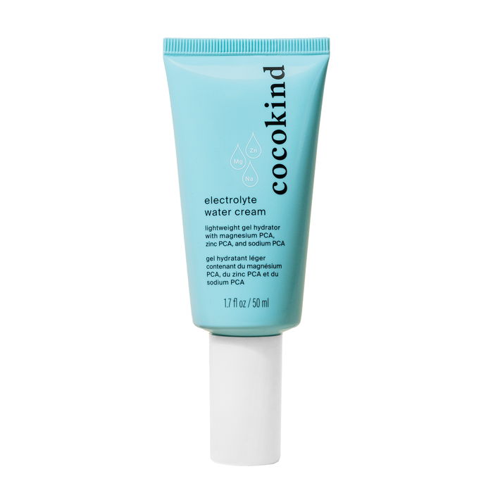 A blue tube of Cocokinds Electrolyte Water Cream, featuring hydrating ingredients such as magnesium, zinc, and sodium PCA, is shown with a white screw cap. The lightweight moisturizer comes in a 1.7 oz (50 ml) size.