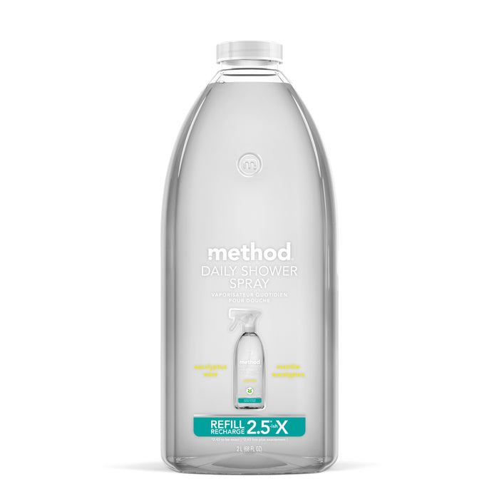 A clear plastic bottle of Method Daily Shower Spray refill in eucalyptus mint scent. The bottle displays a smaller spray bottle graphic and text indicating it contains 2.5 refills, with a turquoise label at the bottom.