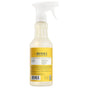 A yellow bottle of Mrs. Meyer's Multi-Surface Cleaner with a white spray nozzle, displayed from the back to show the label with product details and instructions for this essential oils cleaner.