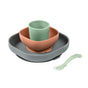 Discover the BEABA Silicone Baby Feeding Set, a BPA-free dinnerware collection featuring a gray plate, brown bowl, green cup, and a spoon with a light green transparent handle. Ideal for toddler feeding, these stackable items offer a compact design.
