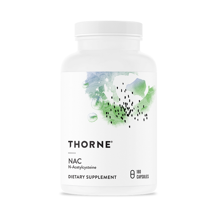 A white bottle of Thorne NAC - N-Acetylcysteine supplement for immune and liver health, containing 180 capsules. The minimalistic label features abstract green and blue watercolor art with black dots.