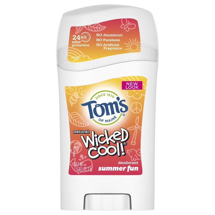 A stick of Tom’s of Maine Wicked Cool! natural deodorant in the Summer Fun scent, featuring orange and pink packaging with product details about 24-hour protection and no aluminum, parabens, or artificial fragrance.