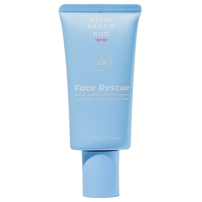 A blue tube of Miami Beach Bum Face Rescue hydrating face cream with hyaluronic acid, calendula, and kelp. The tube is 1.7 fl oz (50 ml) and stands upright against a white background.