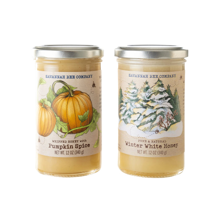 The Pumpkin & Winter White Whipped Duo from Savannah Bee Company features two seasonal honeys—Pumpkin Spice Whipped Honey and Winter White Honey—for a perfect autumn and winter combo.