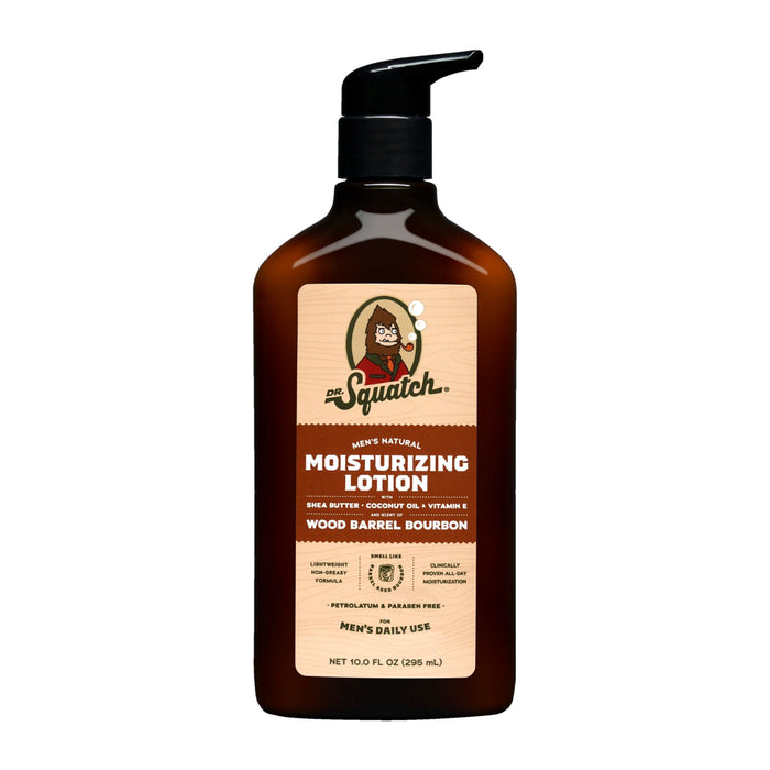 A brown pump bottle of Dr. Squatch Mens Natural Moisturizing Lotion in the Wood Barrel Bourbon scent, featuring a beige label with product details and an illustrated logo of a bearded man.