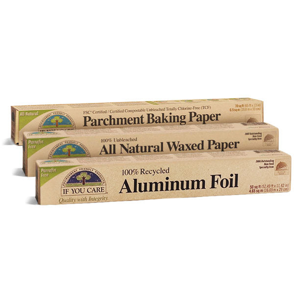 The Kitchen Prep Set by If You Care includes boxes of recycled aluminum foil, unbleached parchment paper, and all-natural wax paper in eco-friendly beige packaging with green accents.