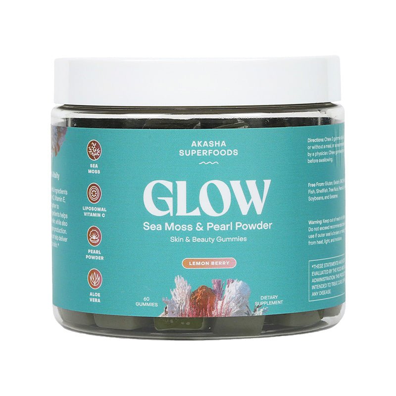A jar of Akasha Superfoods Sea Moss GLOW Gummies features a turquoise label and organic ingredients—Irish Sea Moss, pearl powder, vitamin C, and aloe vera—for radiant skin and beauty.