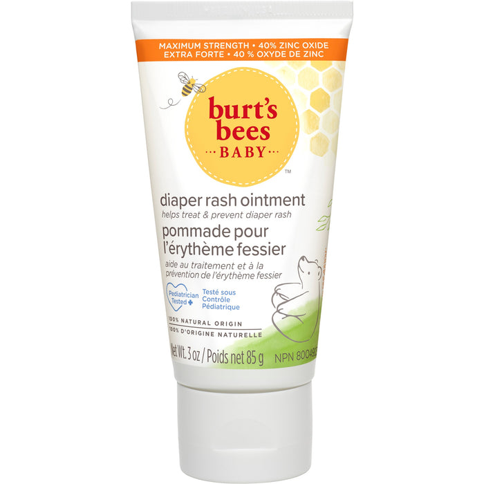 A tube of Burts Bees Baby Diaper Rash Ointment featuring yellow and white packaging, a bee illustration, and product information in English and French. The tube contains 85g (3 oz) of ointment with 40% zinc oxide.