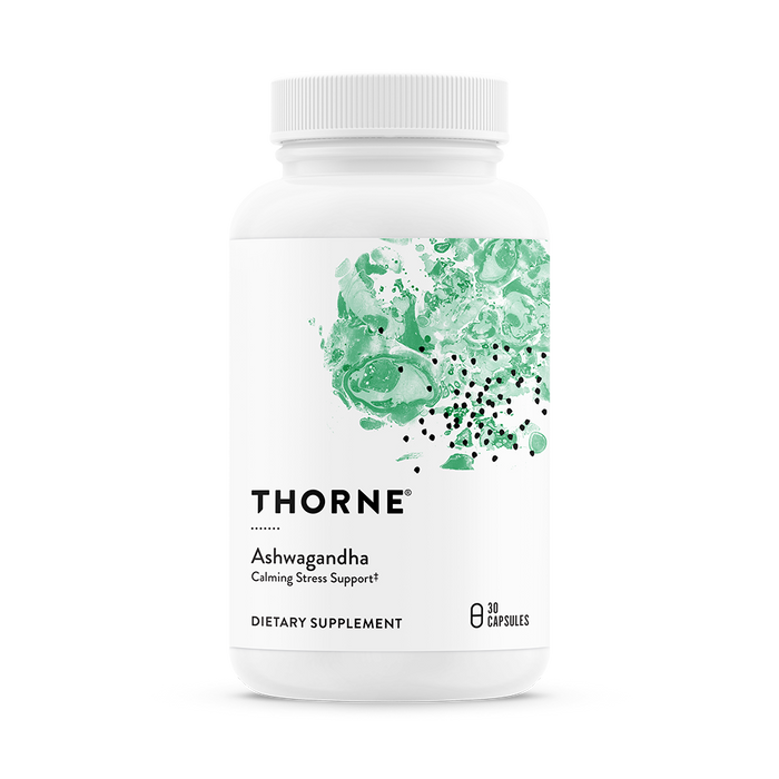 A white bottle labeled Thorne Ashwagandha - 30 count, with green abstract artwork. This dietary supplement contains 30 capsules of ashwagandha extract for natural stress relief.