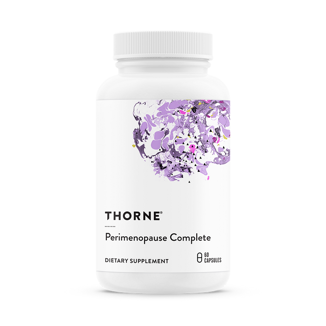 A white bottle of Thorne Perimenopause Complete Capsules features a purple floral label design and contains 60 capsules for perimenopause support and mood balance.