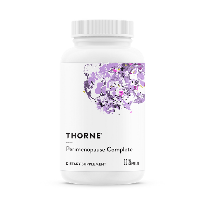 A white bottle of Thorne Perimenopause Complete Capsules features a purple floral label design and contains 60 capsules for perimenopause support and mood balance.
