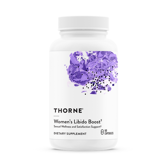 A white bottle labeled Thorne Women's Libido Boost Capsules features a purple abstract design and contains 60 capsules to support sexual wellness, satisfaction, and vaginal lubrication.