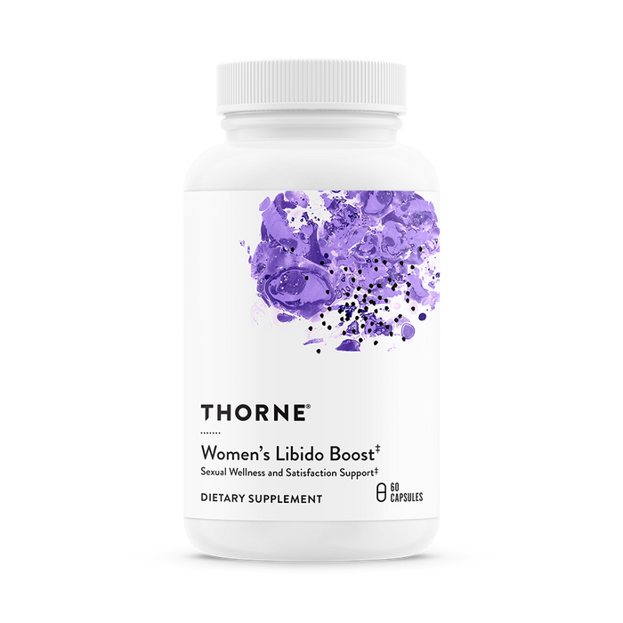 A white bottle labeled Thorne Women's Libido Boost Capsules features a purple abstract design and contains 60 capsules to support sexual wellness, satisfaction, and vaginal lubrication.