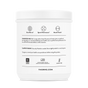 The back of a white Thorne Creatine - 13.1 oz container shows black text and icons outlining suggested use, tamper evidence, certifications, and manufacturer details for this dietary supplement supporting cellular energy.