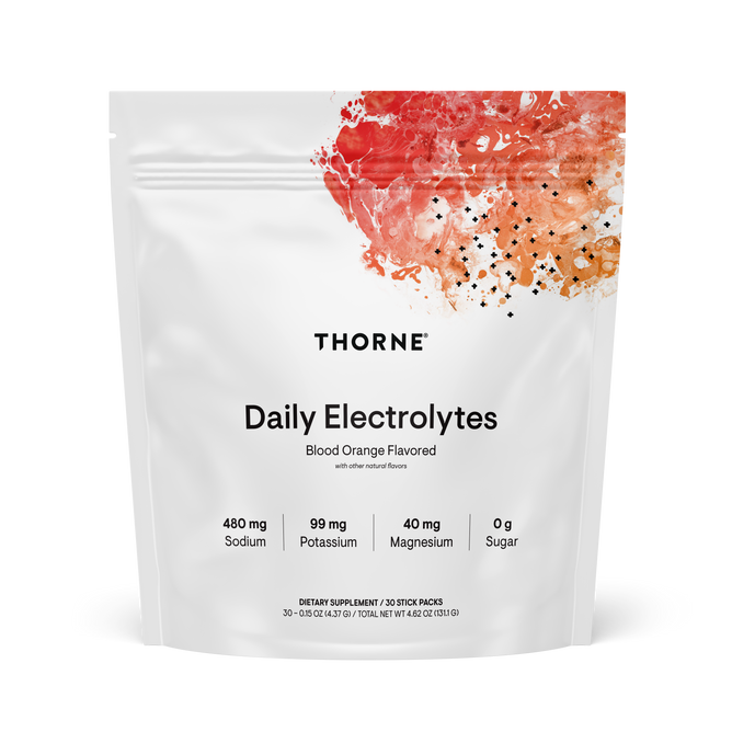 A white Thorne Daily Electrolytes pouch (Blood Orange Flavor) features red and orange watercolor at the top. The front highlights sodium, potassium, magnesium, 0g sugar, and notes support for cellular hydration and athletic performance.
