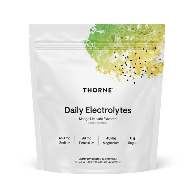 A white Thorne Daily Electrolytes pouch features a green and yellow splash at the top, showcasing mango limeade flavor and key electrolytes—sodium, potassium, magnesium—for cellular hydration plus sugar content on the front.