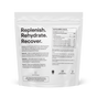A white pouch labeled “Replenish. Rehydrate. Recover.” contains Thorne Daily Electrolytes for cellular hydration and athletic performance. Supplement facts, directions, and info appear on the front in a black minimalist font.