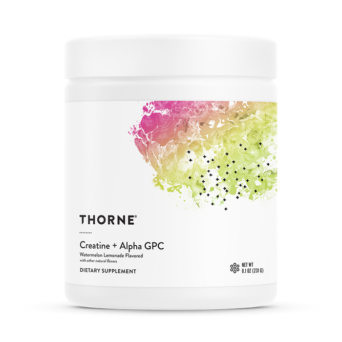 Thorne Creatine + Alpha GPC dietary supplement comes in a white container with a vibrant pink, yellow, and green abstract label. Watermelon lemonade flavor. Supports physical performance and cognitive function. Net weight: 8.1 oz (231 g).
