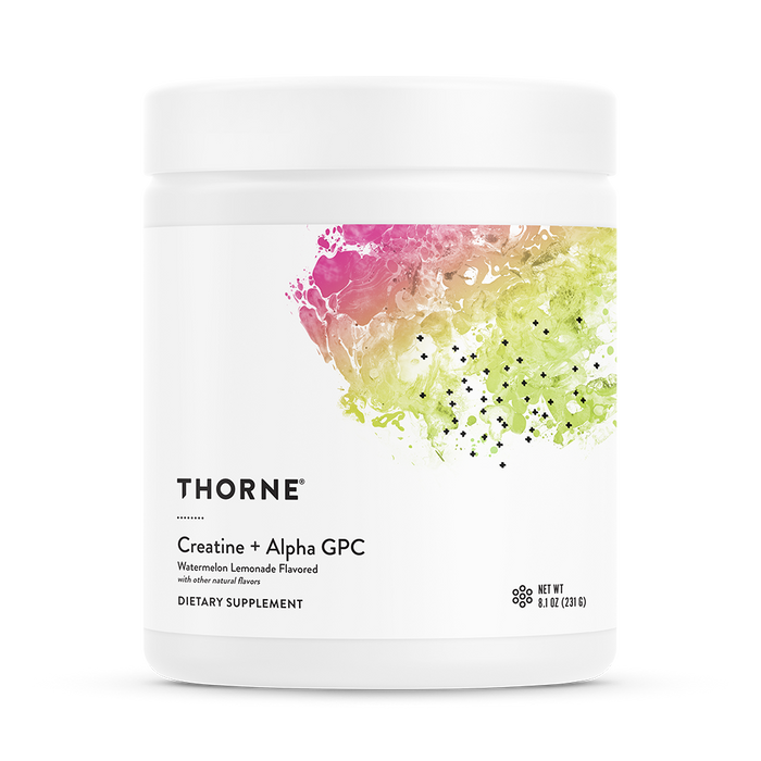 Thorne Creatine + Alpha GPC dietary supplement comes in a white container with a vibrant pink, yellow, and green abstract label. Watermelon lemonade flavor. Supports physical performance and cognitive function. Net weight: 8.1 oz (231 g).