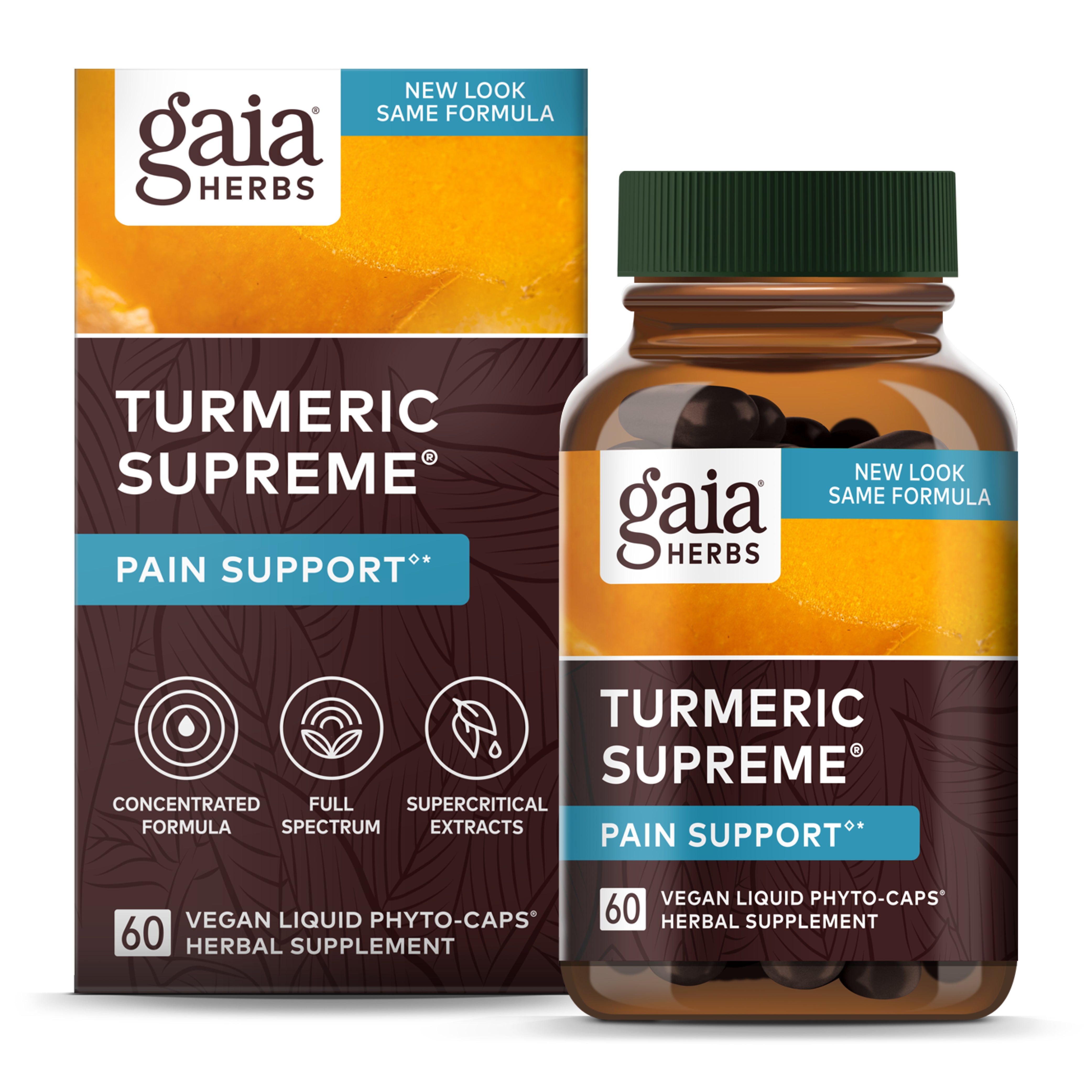 Gaia Herbs Turmeric Supreme Pain Support now features a new look, same formula design with a leafy style, emphasizing its concentrated full-spectrum formula. It includes supercritical extracts and 60 vegan liquid phyto-caps for curcumin-rich pain support.