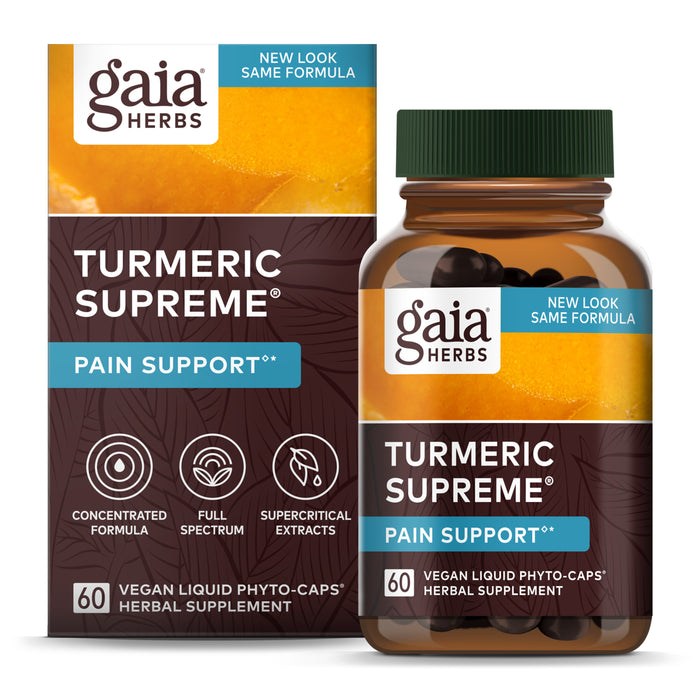A box and bottle of Gaia Herbs Turmeric Supreme Pain Support vegan liquid phyto-caps herbal supplement, featuring orange and brown packaging with product benefits and a green-capped bottle containing 60 capsules.
