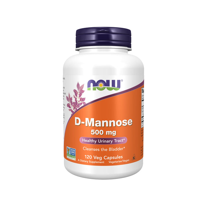 A white bottle of NOW D-Mannose 500 mg dietary supplement with a purple cap and orange label, containing 120 vegetarian capsules for urinary tract health.