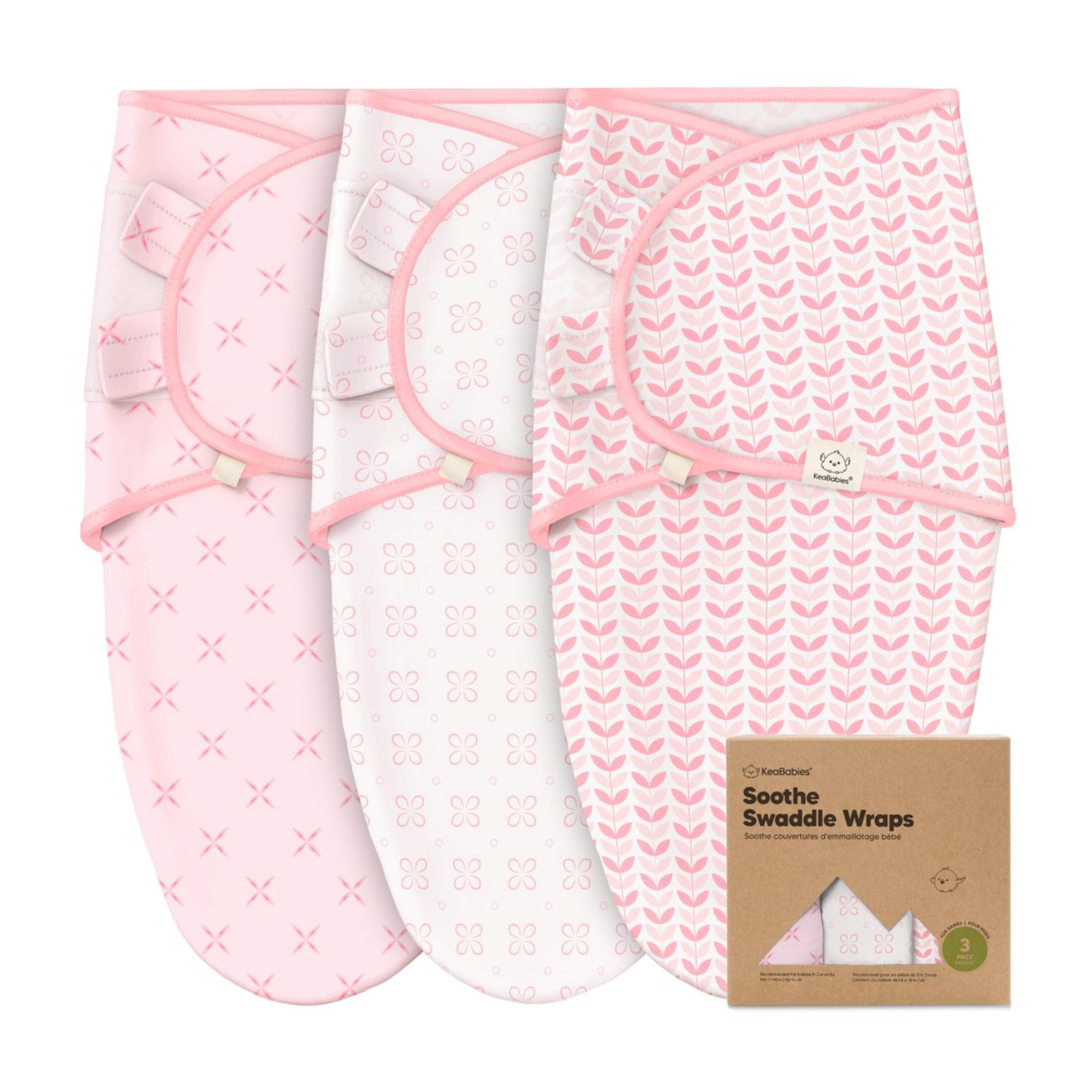 A brown box with KeaBabies GOTS Certified, 100% Organic Cotton Soothe Swaddle Wraps showcases three swaddle wraps: the left features crisscross lines, the middle has small floral designs, and the right displays a pink chevron pattern.