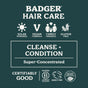 Badger Balm All-In-One Shampoo & Conditioner Bar - Cleanse & Hydrate product label. Features icons for solar powered, vegan, family friendly, gluten free, B Corporation certified, cruelty free, and organic ingredients. Text: Cleanse + Condition with our super-concentrated organic shampoo bar—Certifiably Good for you and the planet; perfect as a travel soap or daily essential.