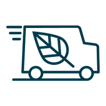 Icon of a delivery truck with motion lines, featuring a large leaf symbol on its side, representing eco-friendly or sustainable delivery services.