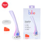 The billie Women’s Razor Kit, ideal for a smooth shave, features a purple razor with a white head, a 5-blade refill, and an ergonomic magnetic holder. Packaging matches the design and showcases the Allure Best of Beauty 2024 Award Winner badge prominently.