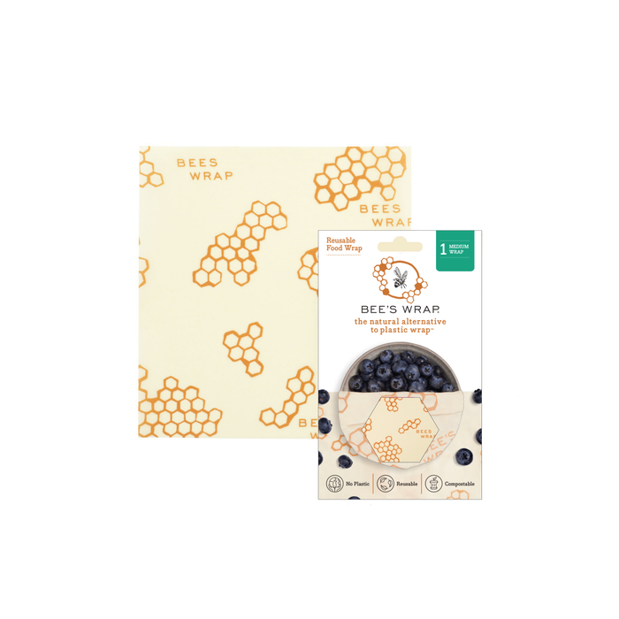 Bees Wrap Single Medium Wrap features a honeycomb and bee print, offering an eco-friendly, sustainable food storage option as a reusable alternative to plastic wrap. Packaging highlights its green credentials.
