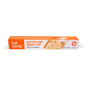 A box of Full Circle Compostable Parchment Paper Roll with orange and white packaging, featuring cookie images and the slogan "Guilt-free baking. For good.