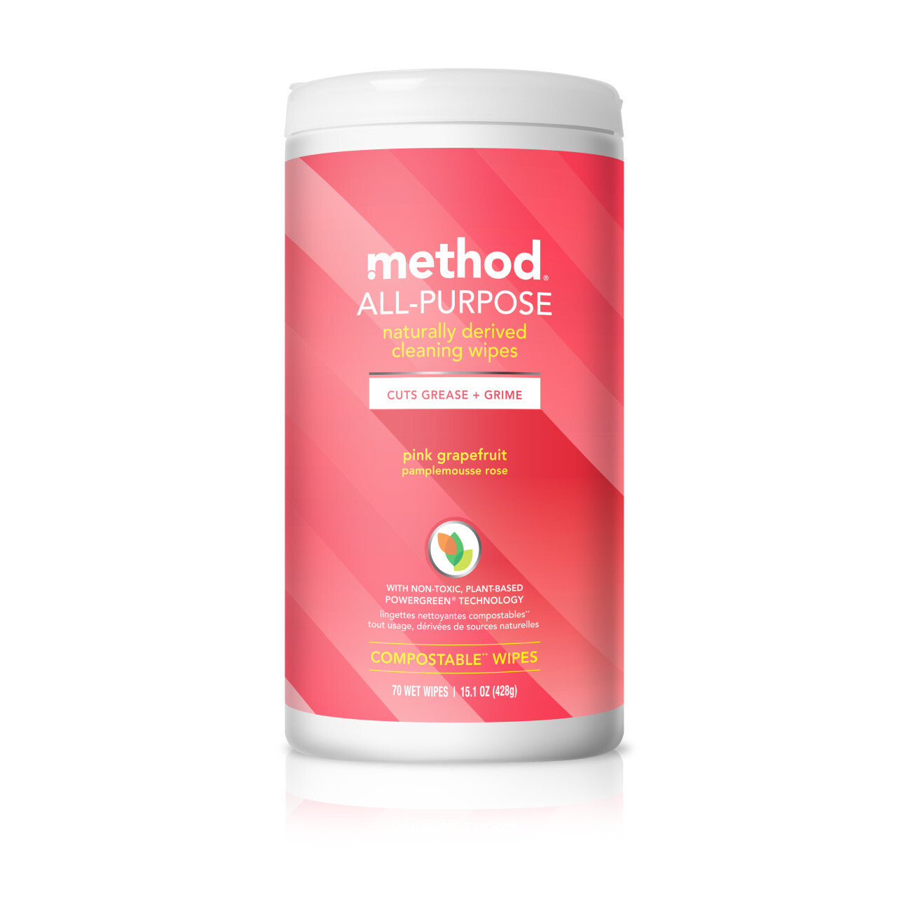 The method All-Purpose Compostable Cleaning Wipes feature pink grapefruit scent and natural cleaning power. In a cylindrical container with pink and white packaging, they cut grease and grime on multiple surfaces, offering 70 wet wipes.