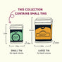 Diagram comparing small and large tins by height, width, and liquid volume. Only the small tin—ideal for Al Pastor seasoning—holds 3oz of liquid and is included in the Spices & Seasonings - Taco Collection by Spicewalla.