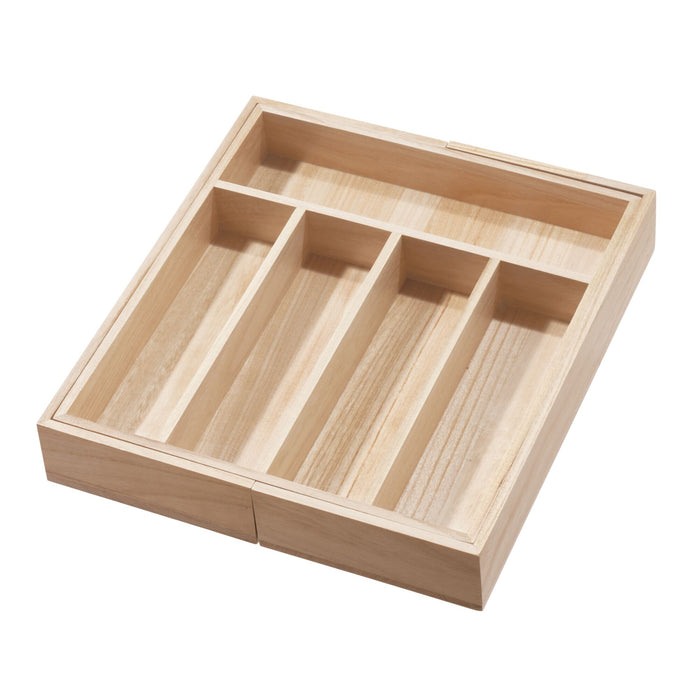 A wooden drawer organizer with five compartments, ideal for sorting utensils or office supplies, displayed on a white background.