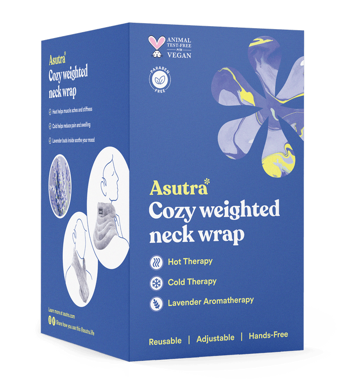 Blue box packaging for Asutra Cozy Weighted Neck Wrap, featuring product benefits like hot/cold therapy and lavender aromatherapy. Includes icons for vegan, cruelty-free, and photos of the wrap in use.