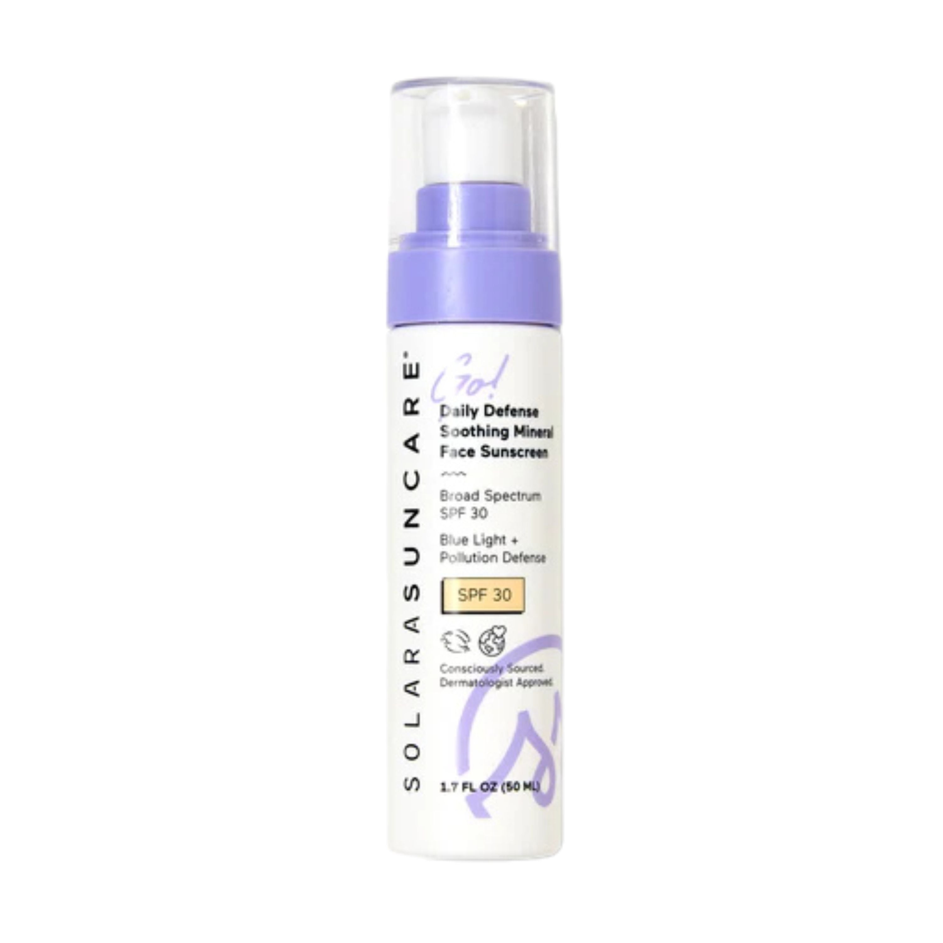 A bottle of SolarASUNCARE Daily Defense Soothing Mineral Face Sunscreen with SPF 30. The label mentions blue light and pollution defense and is mostly white with purple accents. The bottle contains 1.7 fl oz (50 ml).