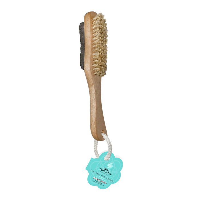 A wooden-handled foot brush with natural bristles on one side and a pumice stone on the other. A label and white rope are attached to the handles end.