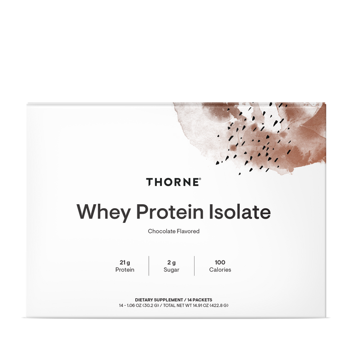 A white Thorne Whey Protein Isolate box, Chocolate Flavored, features abstract brown and black art. The label highlights 21g protein, 2g sugar, and 100 calories per serving to support muscle repair.