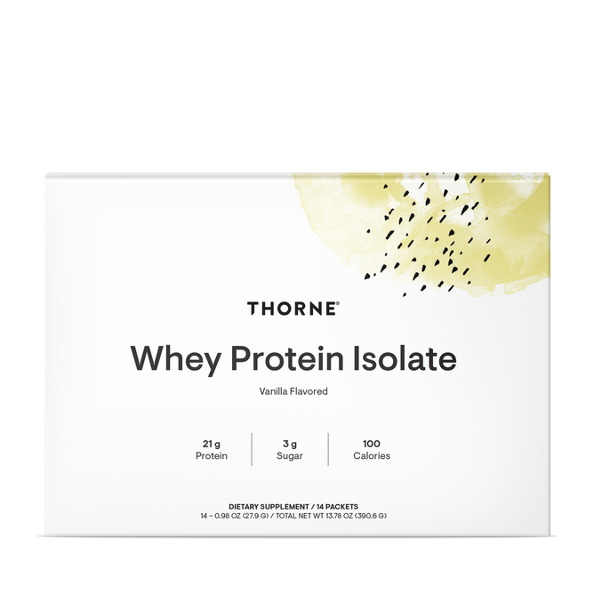 Thorne Whey Protein Isolate, vanilla flavor, provides 21g protein and essential amino acids per serving for muscle repair, with 3g sugar and 100 calories. The white box features a yellow watercolor spot with black marks in the top right corner.