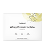 Thorne Whey Protein Isolate, vanilla flavor, provides 21g protein and essential amino acids per serving for muscle repair, with 3g sugar and 100 calories. The white box features a yellow watercolor spot with black marks in the top right corner.